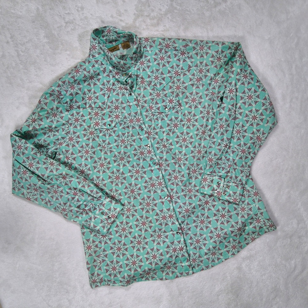 Wrangler Western Shirt XXL Turquoise Geometric Mandala Rhinestone Snap Button